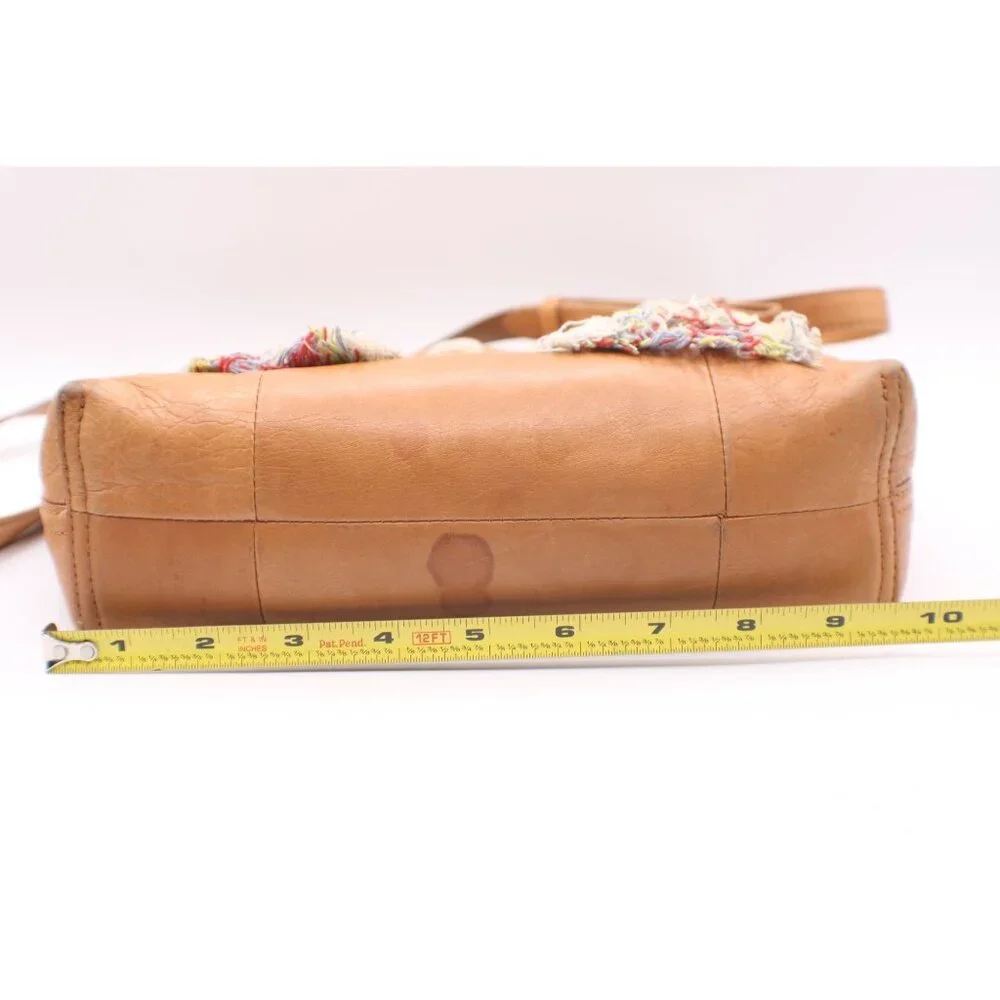Madewell Tan Leather Crossbody Bag Handbag Colorful Striped Fringe Handles 10x10 - Picture 10 of 12